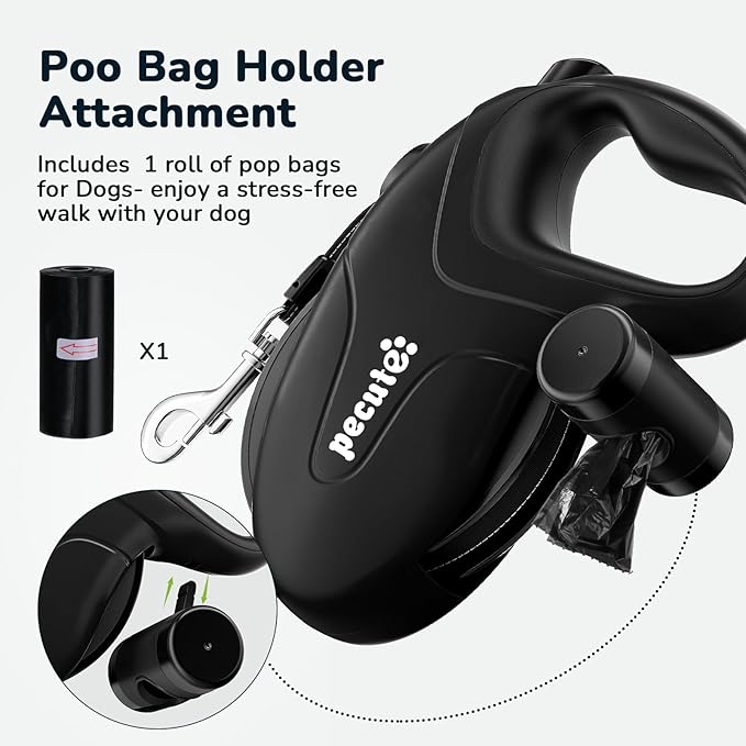 Pecute 32ft Retractable Dog Leash with Poo Bag Holder, Chew Proof Dog Leash with 360° Tangle-Free Extended, Anti-Slip Handle & Quick Brake Button, Suitable for Dogs Up to 110lbs in Weight