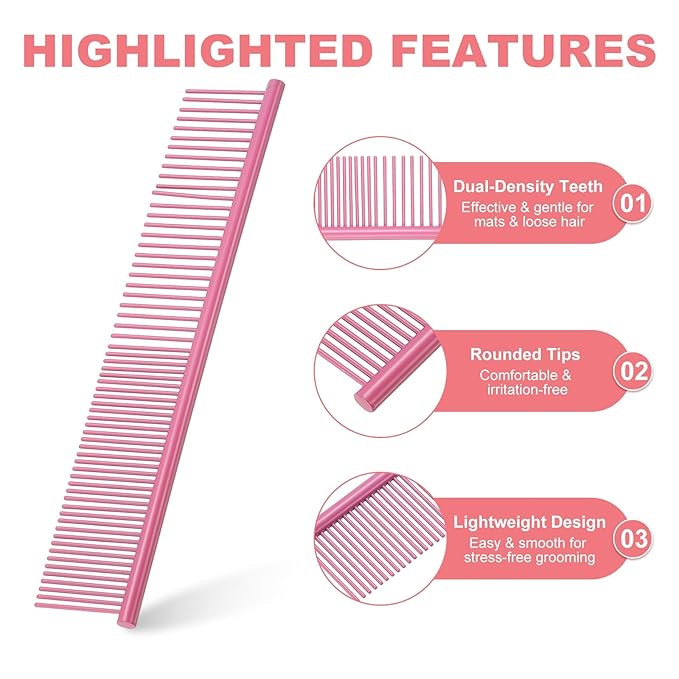 PETAXCELL Dog Cat Comb, Pet Combs Stainless Steel Teeth with Rounded Ends for Knots Mats Loose Hair Removal, 7.5IN (Pink Coated, 3 Pack), Grooming Tool Intended for Long Curly Hair Pet
