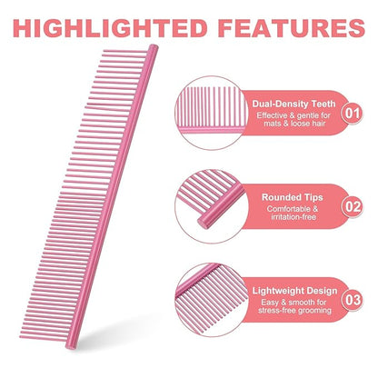 PETAXCELL Dog Cat Comb, Pet Combs Stainless Steel Teeth with Rounded Ends for Knots Mats Loose Hair Removal, 7.5IN (Pink Coated, 3 Pack), Grooming Tool Intended for Long Curly Hair Pet