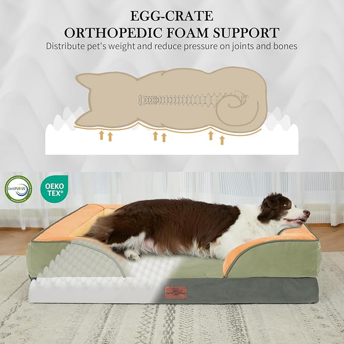 Comfort Expression Orthopedic Dog Bed for Large Dogs 36x27 Inch, Waterproof Egg Crate Foam Large Pet Bed with Removable Bolsters, Dog Couch with Washable Cover & Non-Slip Bottom, Avocado