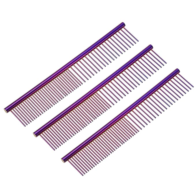 PETAXCELL Dog Cat Comb, Pet Combs Stainless Steel Teeth with Rounded Ends for Knots Mats Loose Hair Removal, 6.5IN (Purple Plated, 3 Pack), Grooming Tool Intended for Long Curly Hair Pet