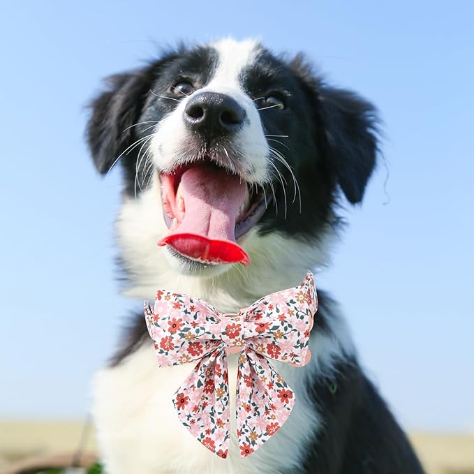 Flower Bowtie Dog Collar With Metal Buckle - Summer Comfortable Cotton Collar for Puppy Boy Girl, XL