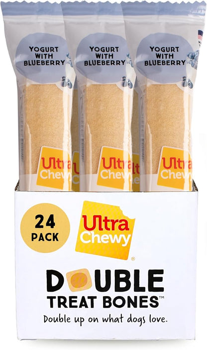 Ultra Chewy Yogurt with Blueberry Double Treat Bones: Long-Lasting Dog Treats Made in USA for Large and Small Breeds, Highly Digestible (24 Count)