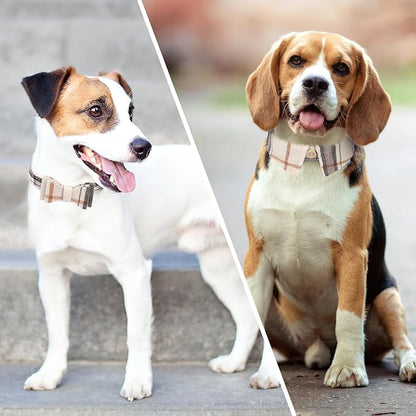 KOOLTAIL Small Dog Collar and Leash Set with Bowtie and Bells - Cute Shirt Style Puppy Bandana Collar and Leash for Male with Classic Plaid Pattern,Soft Leather Leashes for Small Dogs Boys Girls,Beige