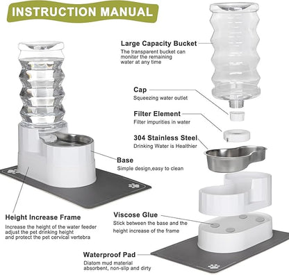 RIZZARI Large Water Dispenser for Dogs: 9L Automatic Stainless Steel Gravity Raised Pet Feeder with Specialized Brush and Triple Filter for Senior Pet Dogs with Neck Pain Garage Living Room
