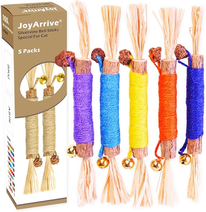 JoyArrive Natural Dried Matatabi Cat Chew Stick with Gall Fruit, Raffia Grass & Cat Bell Ball Toys, Handmade Silvervine Sticks Interactive Catnip Toys for Teething & Entertainment (Size L Color D)