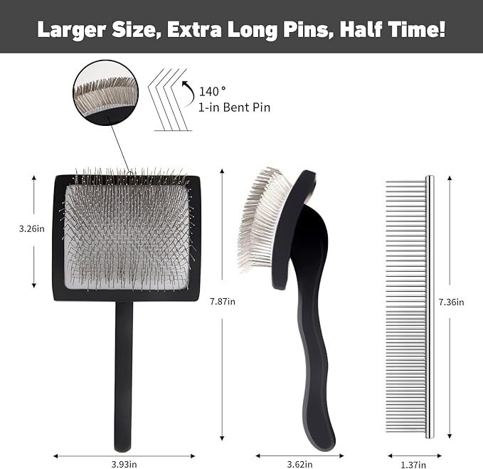 Dog Slicker Brush & Stainless Steel Comb Set for Shedding & Grooming Medium & Large Long or Thick Coated Dogs, Doodles & Cats, 1 Inch Pin Slicker Brush with Ergonomic Wooden Handle, Black