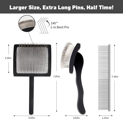 Dog Slicker Brush & Stainless Steel Comb Set for Shedding & Grooming Medium & Large Long or Thick Coated Dogs, Doodles & Cats, 1 Inch Pin Slicker Brush with Ergonomic Wooden Handle, Black