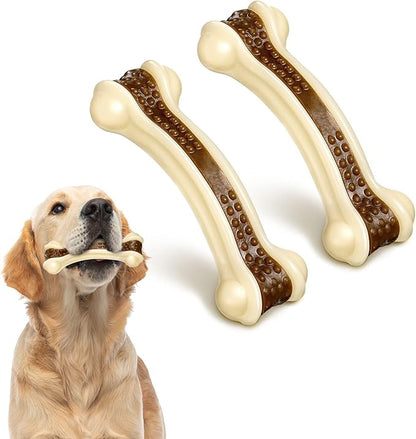 Sosation Bones Shaped Dog Toys for Aggressive Chewers, 2 Pack Christmas Dog Chew Toys Puppy Teething Nylon Beef Flavor for Large/Medium/Small Puppies Breeds(Curved Bone,Medium)
