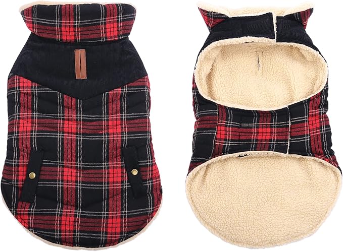 Preferhouse Winter Coat for Small and Medium Dogs, Puppy Plaid Jacket, Warm Coat for Cold Weather, Windproof Warm Dog Garments, Pet Thickened Outfits Indoor Outdoor, Red M