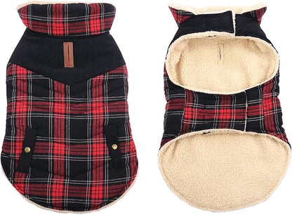 Preferhouse Winter Coat for Small and Medium Dogs, Puppy Plaid Jacket, Cotton Coat for Cold Weather, Windproof Warm Dog Garments, Pet Thickened Outfits Indoor Outdoor, Red L