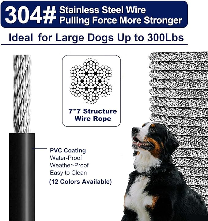 Tie Out Cable for Dogs Up to 300lbs,50ft Extra Strong 1000lbs Break Strength Tie-Out Tether Trolley Training Lead,Dog Run Cable for Yard Garden Park Camping Outside (Black, 300lbs 50ft)