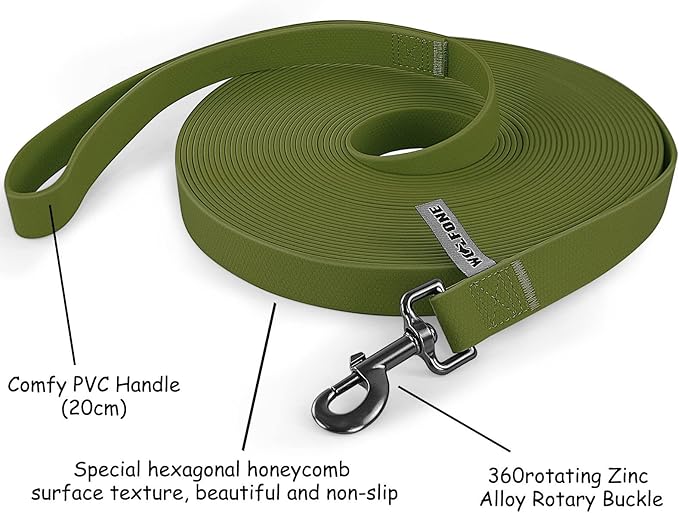 Wolfone 9m Dark Green Heavy Duty Robust Training Dog Leash with Anti-Slip Handle，Waterproof Long Dog Leash for Outdoor Activities