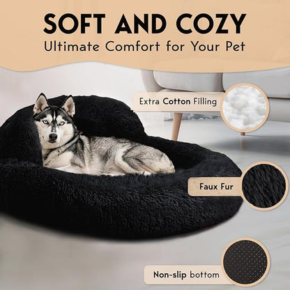 PetJett Calming Dog Beds Large Sized Dog - 36'' Round Bed, Anti-Slip & Washable Super Soft Donut Bed, Fluffy Faux Fur Anti-Anxiety Premium Comfort Pet Bed, Fits Dogs up to 80 lbs - Black