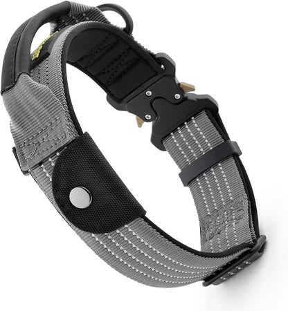 Plutus Pet Tactical Dog Collar with Tracker Pocket for AirTag, Adjustable Reflective Nylon Collar, Metal Buckle, Leather-Wrapped Handle, Soft Padded for Medium Large Dogs (Gray, S)