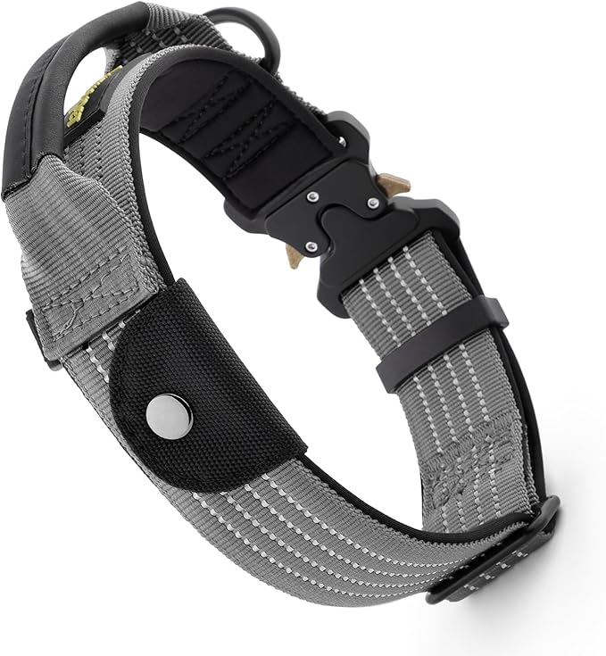Plutus Pet Tactical Dog Collar with Tracker Pocket for AirTag, Adjustable Reflective Nylon Collar, Metal Buckle, Leather-Wrapped Handle, Soft Padded for Medium Large Dogs (Gray, M)