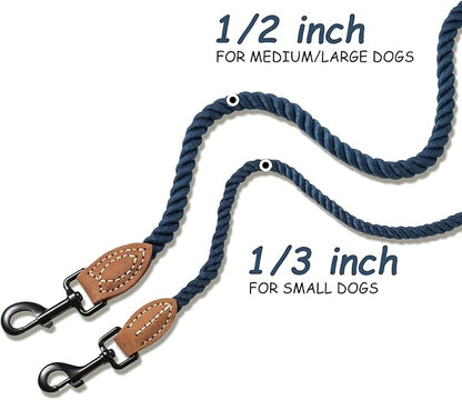 Mile High Life Dog Leash, Braided Cotton Rope Leashes with Leather Tip - Heavy Duty Metal Clasp, 6FT, 1/3" Thick - Wedding, Walking Leash for Small Medium Puppys(Navy)
