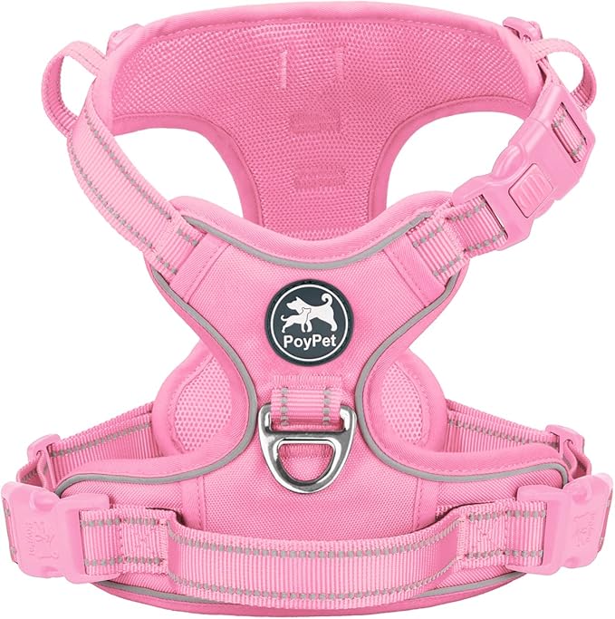 PoyPet No Pull Dog Harness, No Choke Reflective Dog Vest, Adjustable Pet Harnesses with Easy Control Padded Handle for Small Medium Large Dogs(Light Pink Matching Trim,XL)