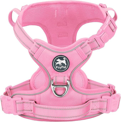 PoyPet No Pull Dog Harness, No Choke Reflective Dog Vest, Adjustable Pet Harnesses with Easy Control Padded Handle for Small Medium Large Dogs(Light Pink Matching Trim,XL)