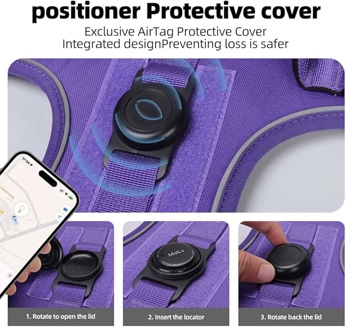 Airtag Dog Harness Chest Plate Reflective No Pull Harness with Leash for Extra Large Dogs (Purple, S)