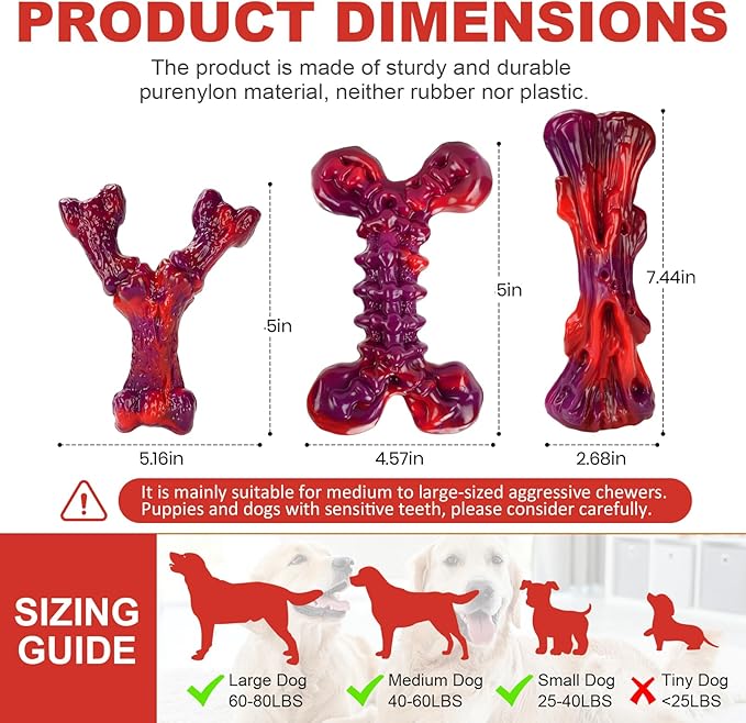 Long-Lasting Nylon Dog Chew Toys for Aggressive Chewers, Heavy-Duty Chew Bones for Medium & Large Dogs 25–80 lbs, Beef Flavor, 3-Pack (Red)