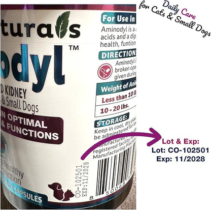 Aminodyl™ Kidney Support Supplement 400mg for Cats & Small Dogs - Supports Natural Kidney Function with Amino Vastly Promotes Health, Wellbeing & Vitality of Kidneys - 120 Sprinkle Capsules. U.S.A