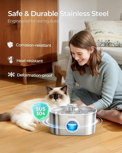 Invengo Cat Water Fountain Stainless Steel: 2.2L/74oz Automatic Pet Water Fountain for Cats & Dogs, Quiet Cat Fountain with 5-Layer Filter, Easy to Clean & Durable Dog Water Fountain