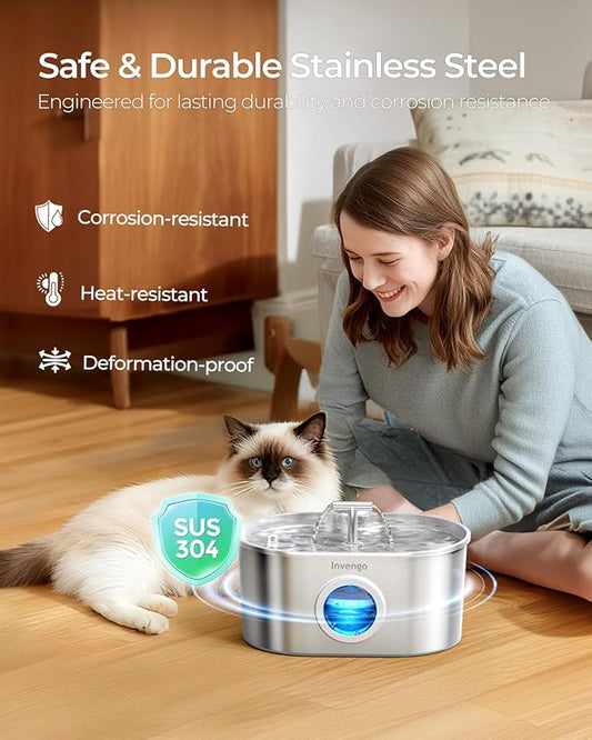 Invengo Cat Water Fountain Stainless Steel: 2.2L/74oz Automatic Pet Water Fountain for Cats & Dogs, Quiet Cat Fountain with 5-Layer Filter, Easy to Clean & Durable Dog Water Fountain
