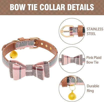 KOOLTAIL Pink Girl Dog Collar and Leash Set for Small Dogs with Bowtie and Bells - Cute Puppy Bandana Collar and Leash with Classic Plaid Pattern, Soft Leather Tangle Free Leashes for Small Dogs, XS