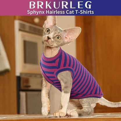 BRKURLEG Sphynx Hairless Cats Shirt Puppy Clothes Soft Cotton T-Shirts Cute Cats Pajamas Cat Stripes Vest Pet Sweater, Round Collar Vest Kitten Shirts(PinkBlue Stripes, S)