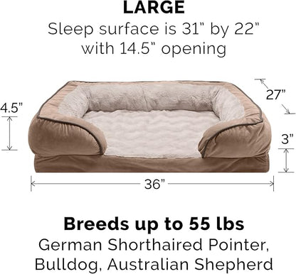 Furhaven Cooling Gel Dog Bed for Large/Medium Dogs w/ Removable Bolsters & Washable Cover, For Dogs Up to 55 lbs - Plush & Velvet Waves Perfect Comfort Sofa - Brownstone, Large