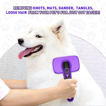 WOPQAEM Self Cleaning Slicker Brush for Dog, Cat, Skin Friendly Shedding & Grooming Tool for Long and Short Haired Pets, Easy Clean Retractable Bristles, Purple