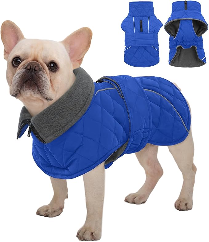 Kuoser Dog Jacket Warm Fleece Lined Dog Coats for Small Dogs, Waterproof Pet Coat Reflective Puppy Snowsuit with Harness Hole for Cold Weather Walking Hiking, Quilted Dogs Winter Vest, Blue, S