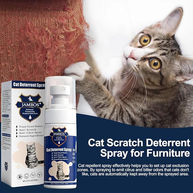 JAMBOS Cat Deterrent Spray - Safe Indoor & Outdoor Deterrent for Furniture Protection, Effective Training Aid with Natural Ingredients - Non-Toxic Anti-Scratch Formula (Blue, M)