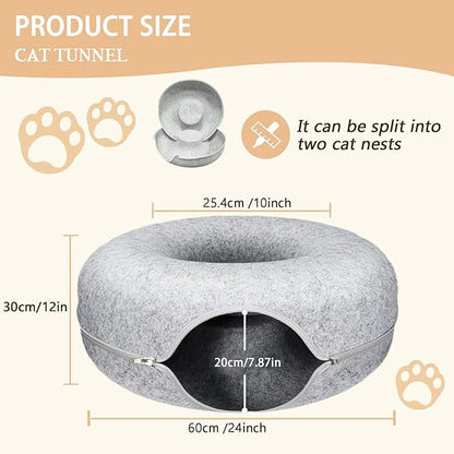ZVGV Tunnel Bed for Indoor,cattasaurus Peekaboo cat cave for Multiple,Detachable Felt Felt Washable Interior for Indoor Cats,Donut Tunnel -24inch(Light Gray) (Light Gray + Dark Gray)