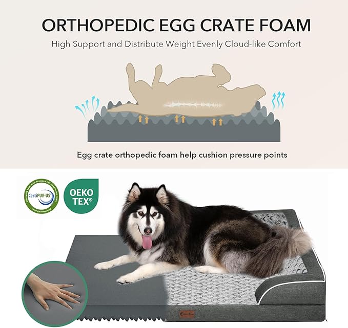 Casa Paw Orthopedic Dog Beds for Large Sized Dogs, Waterproof Memory Foam Large Pet Bed with Sides 35x22Inch, Non-Slip and Egg-Crate Foam Big Dog Couch Bed with Removable Washable Cover, Dark Grey