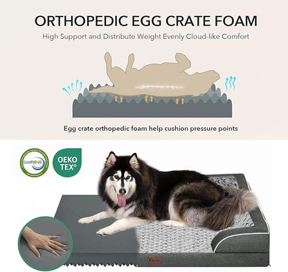 Casa Paw Orthopedic Dog Beds for Extra Large Sized Dogs, Waterproof Memory Foam XL Pet Bed with Sides 48x30Inch, Non-Slip and Egg-Crate Foam Big Dog Couch Bed with Removable Washable Cover, Dark Grey