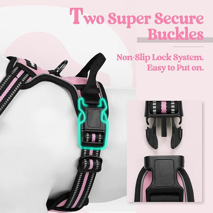 rabbitgoo Dog Harness No Pull with 2 Leash Clips, Adjustable Soft Padded, Reflective Oxford No Choke Pet Vest with Easy Control Handle for Large Dogs, Pink, L