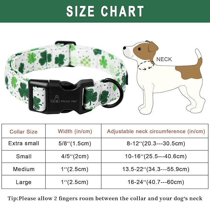 ARING PET St Patrick's Day Dog Collar, Cute White Clovers Pet Collars with Quick Release Buckle for Puppy Small Medium Large Boy Girl Dogs-L