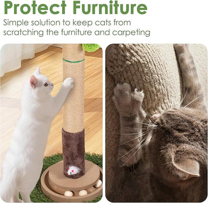 Cat Scratching Post, 35 Inch Tall Cat Scratcher Cat Tree Tower with Hanging Ball for Indoor Cats Adults,Areca Palm Sisal Rope Kitten Scratch with Interactive Mouse Cat Toy