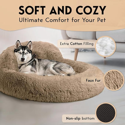 PetJett Calming Large Dog Bed - 36'' Donut Dog Beds, Anti-Slip & Washable Large Round Bed, Fluffy Faux Fur Pet Bed, Super Soft Anti-Anxiety Premium Comfort Bed, Fits Dogs up to 80 lbs - Beige