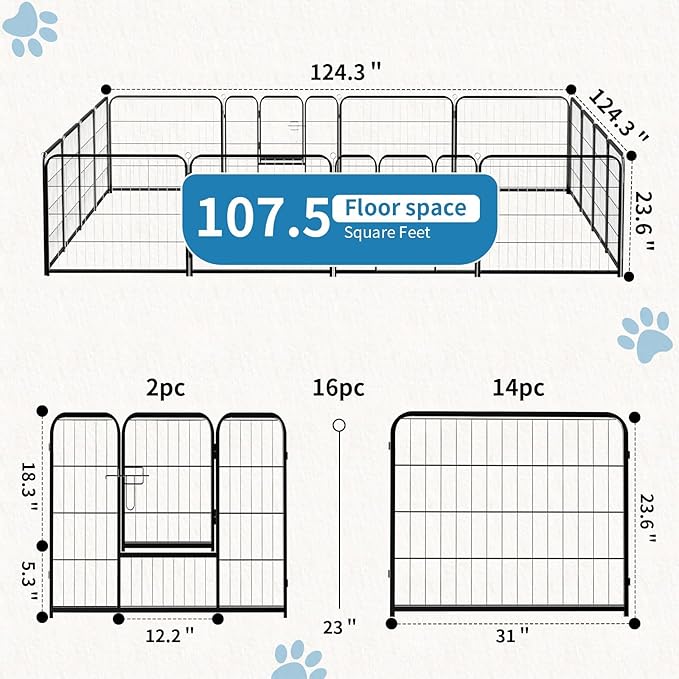 NEWBULIG Dog Playpen 16 Panels 24" Height Foldable Heavy Duty Metal Dog Exercise Playpen Puppy Fence for Indoor Outdoor Yard