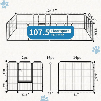 NEWBULIG Dog Playpen 16 Panels 24" Height Foldable Heavy Duty Metal Dog Exercise Playpen Puppy Fence for Indoor Outdoor Yard