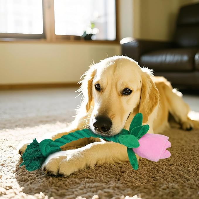 Rose Flower Plush Squeaky Dog Toys with Crink Paper for Small Medium Large Dogs