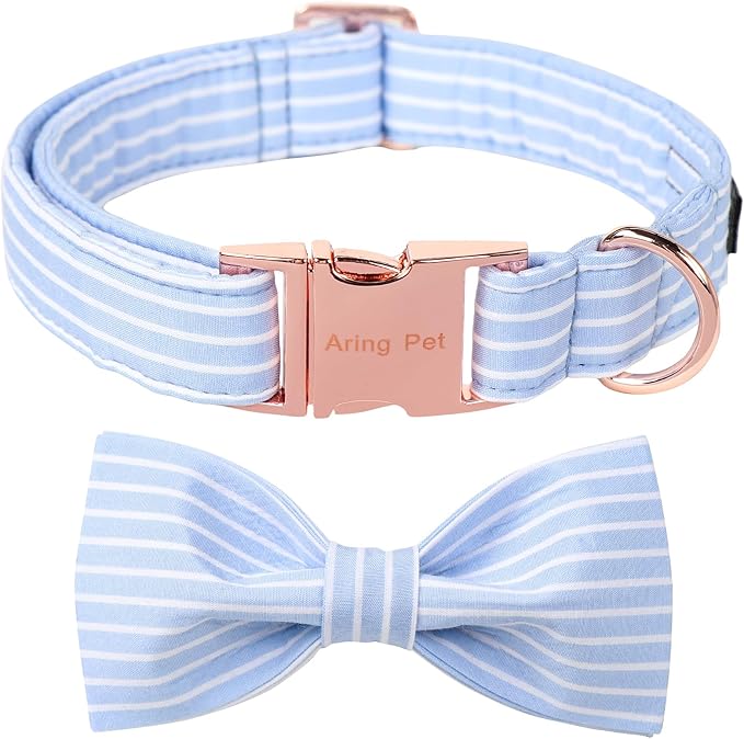 ARING PET Dog Collars with Bow, Blue Stripe Adjustable Bowtie Pet Collar with Metal Buckle for Small Medium Large Boy Girl Dogs-L