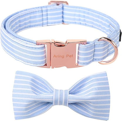ARING PET Dog Collars with Bow, Blue Stripe Adjustable Bowtie Pet Collar with Metal Buckle for Small Medium Large Boy Girl Dogs-M