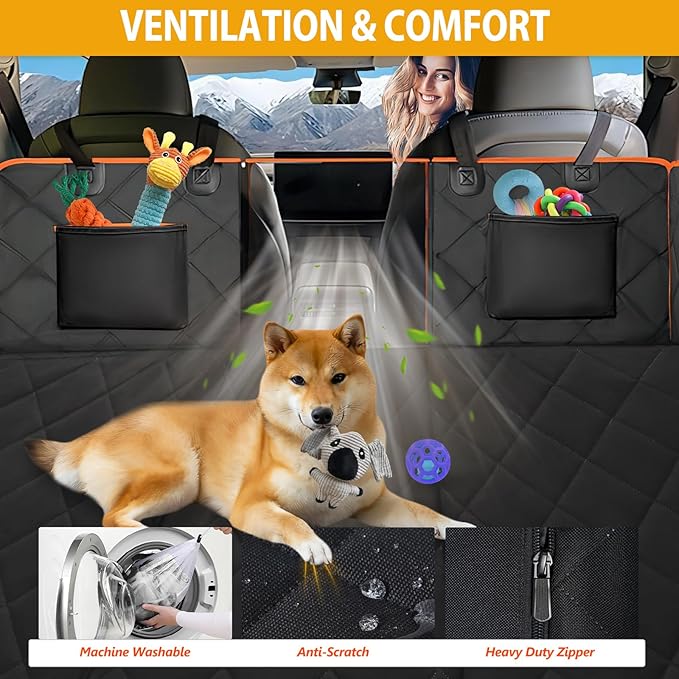 ROUWINNE Back Seat Extender for Dogs - Holds 420lb, Hard Bottom Dog Bed Back Seat Cover, Pet Car Seat Cover Backseat Extender,Upgraded Material Waterproof Dog Hammock for Car，SUV, Truck, Black/Orange