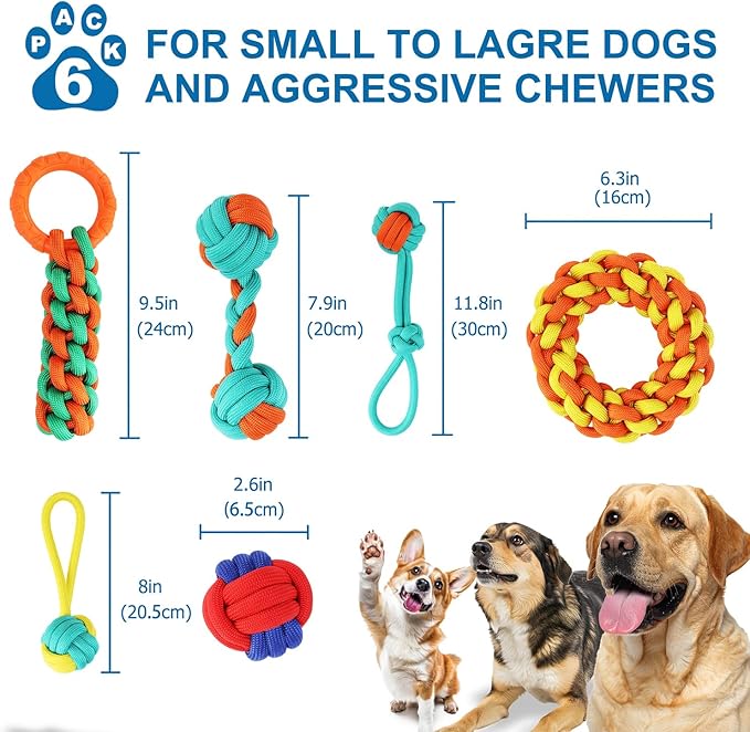 Aitmexcn Dog Rope Toys for Medium and Small Aggressive Chewers, 6 Pack Heavy Duty Puppy Toys for Large, Dental Cleaning Chew Toys, Tug Toy for Boredom, 100% Cotton Indestructible Pet Toy