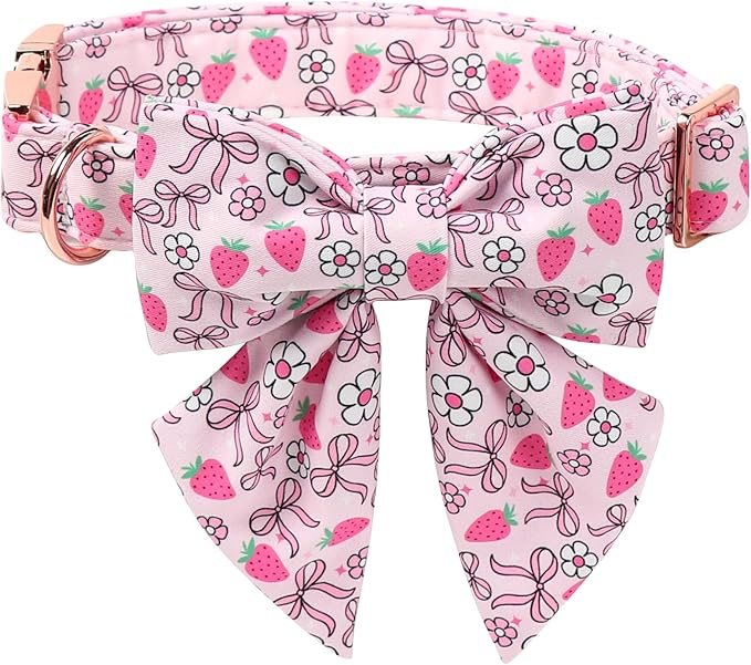 Lionet Paws Strawberry Floral Dog Collar with Sailor Bow, Spring Pink Bow Dog Collars Bow Tie for X-Large Dogs, Neck 16-26 inches