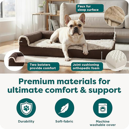 Furhaven Orthopedic Dog Bed for Medium/Small Dogs w/ Removable Bolsters & Washable Cover, For Dogs Up to 35 lbs - Two-Tone Plush Faux Fur & Suede L Shaped Chaise - Espresso, Medium,30"L x 20"W x 6"Th